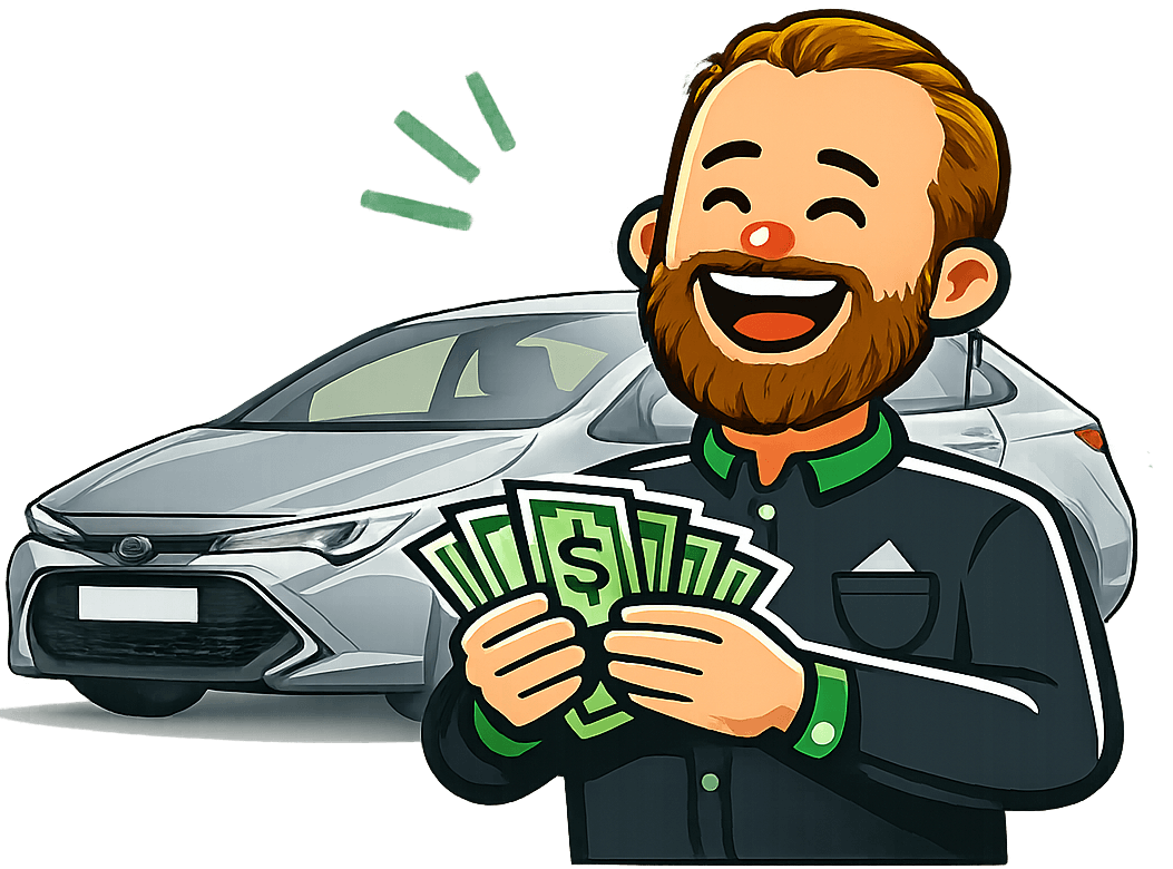 A happy CashMyCar customer holding a fan of cash after selling their car